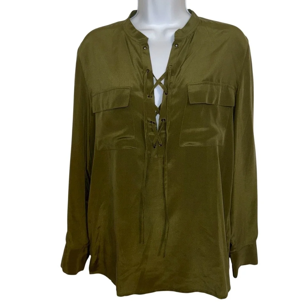 MADEWELL Olive Green Silk Lace Up Long Sleeve Monroe Blouse EUC Size Small - Picture 2 of 7